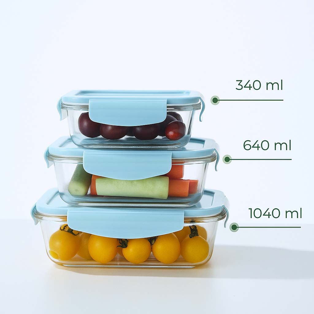 Juego de almacenamiento de alimentos de vidrio de 3 piezas Aby