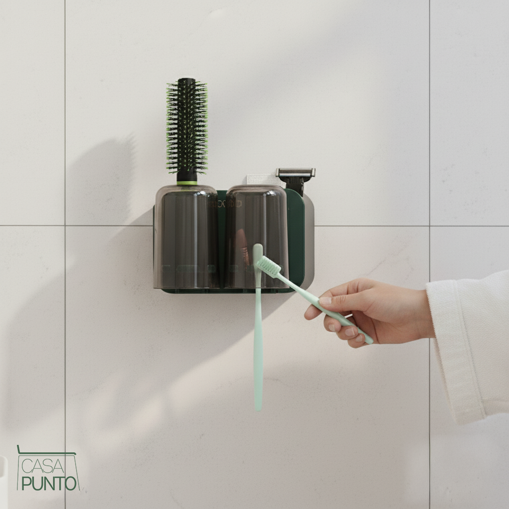 Soporte magnético para cepillos de dientes en forma de cono - Organizador de montaje en pared para 2 tazas con estante