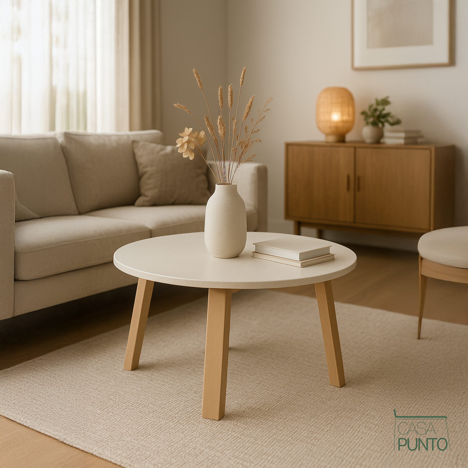 Mesa De Centro Redonda Silgi – Tablero Blanco, Patas De Madera Natural, 50 Cm