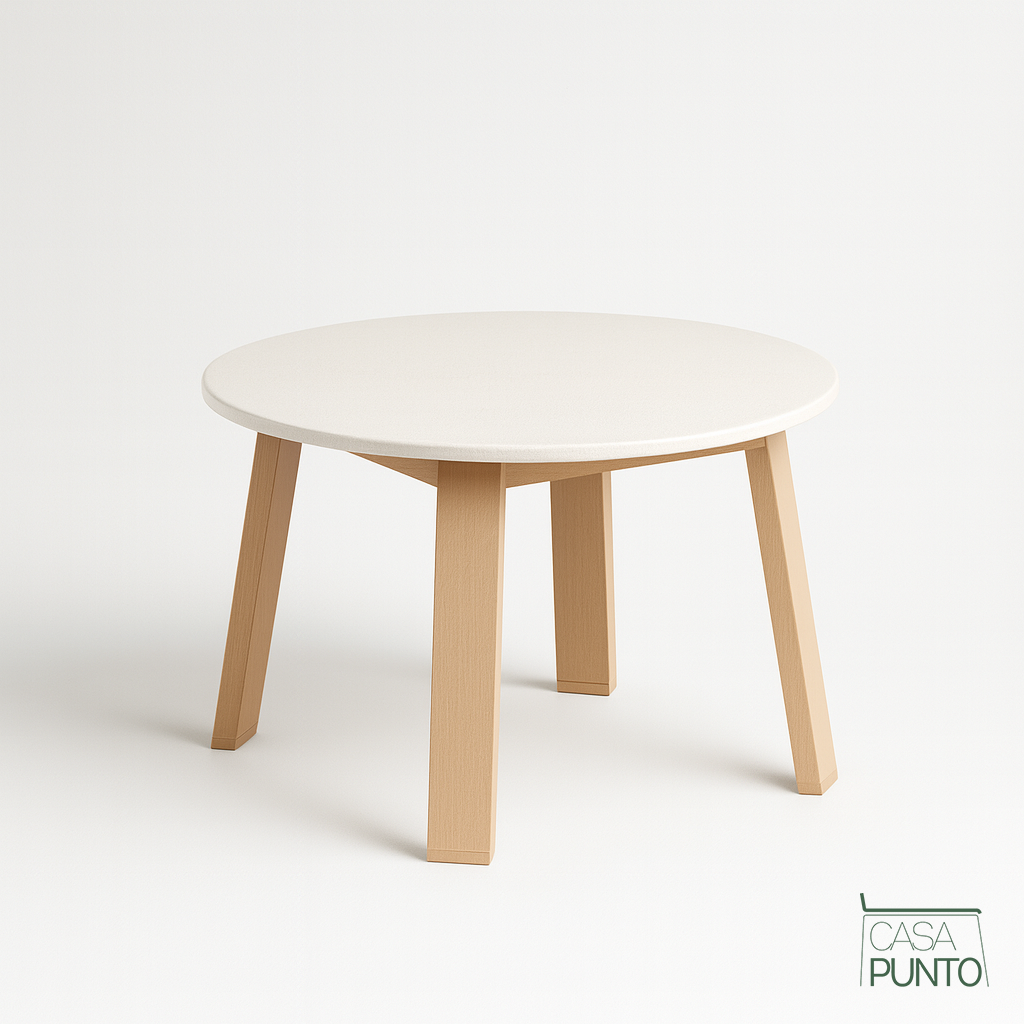 Mesa De Centro Redonda Silgi – Tablero Blanco, Patas De Madera Natural, 50 Cm