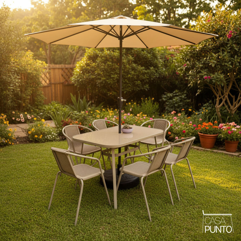 Conjunto completo de muebles de exterior Lawrence para patio con sombrilla: mesa, sillas y sombrilla de jardín para cafetería y balcón.