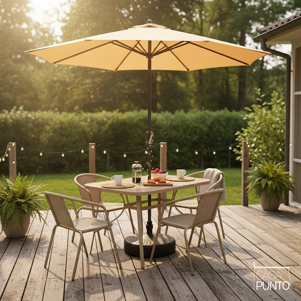 Conjunto de comedor de exterior Lilian con sombrilla: mesa y sillas compactas para patio, ideales para espacios pequeños.