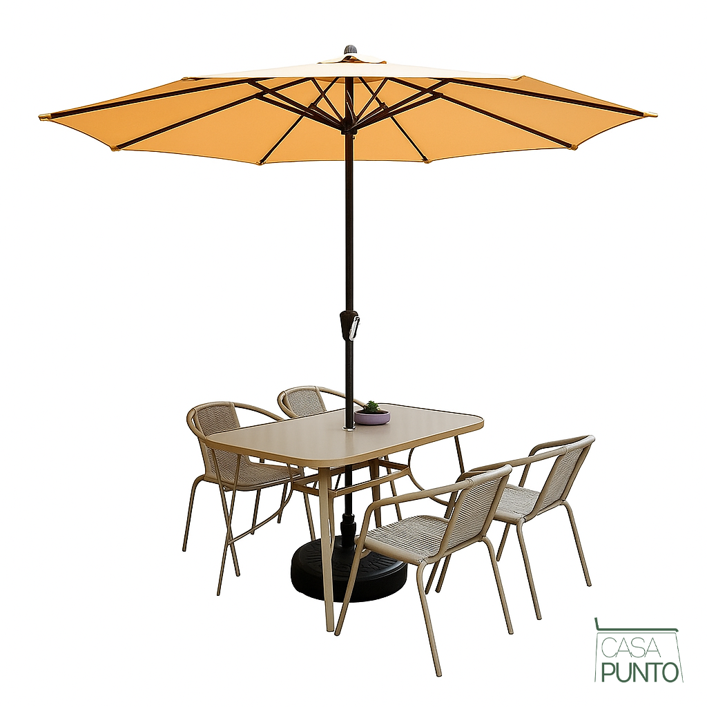 Conjunto de comedor de exterior Lilian con sombrilla: mesa y sillas compactas para patio, ideales para espacios pequeños.