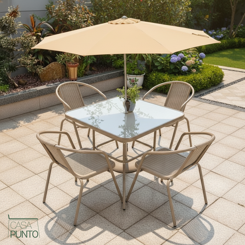 Conjunto de comedor de exterior Jill Family con sombrilla: mesa y sillas para patio, ideales para reuniones en el jardín.