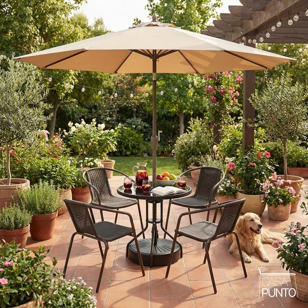 Conjunto de patio moderno Oscar negro con sombrilla - Mesa y sillas de comedor de exterior contemporáneas