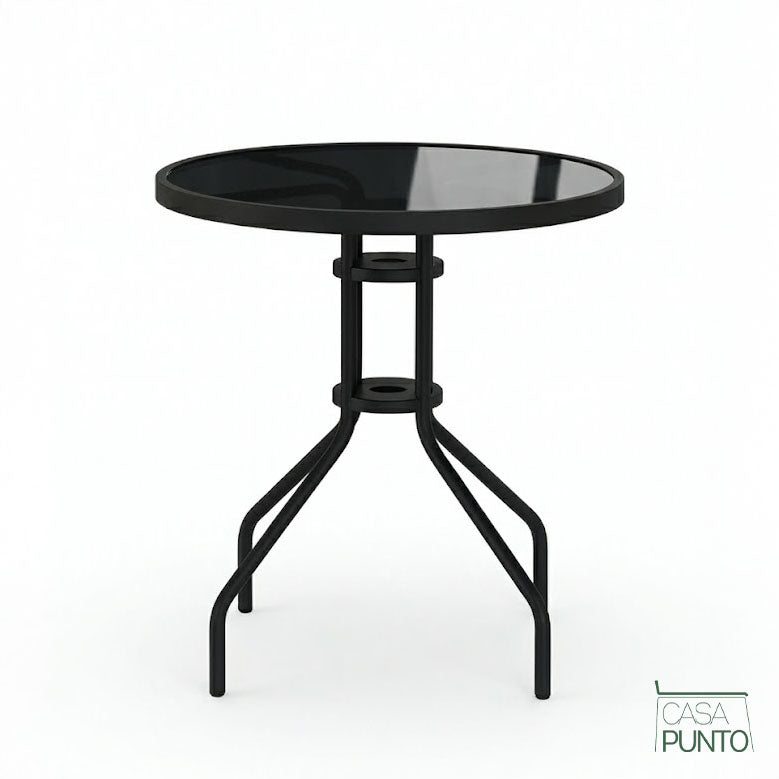 Conjunto de patio moderno Oscar negro con sombrilla - Mesa y sillas de comedor de exterior contemporáneas