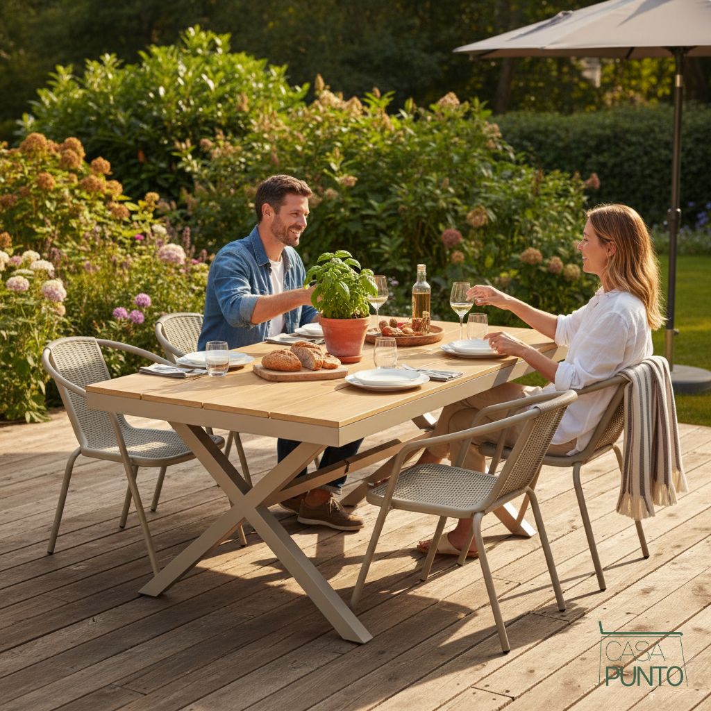 Conjunto de muebles de exterior Holly de madera natural para patio: mesa y sillas rústicas de jardín con acabado orgánico.