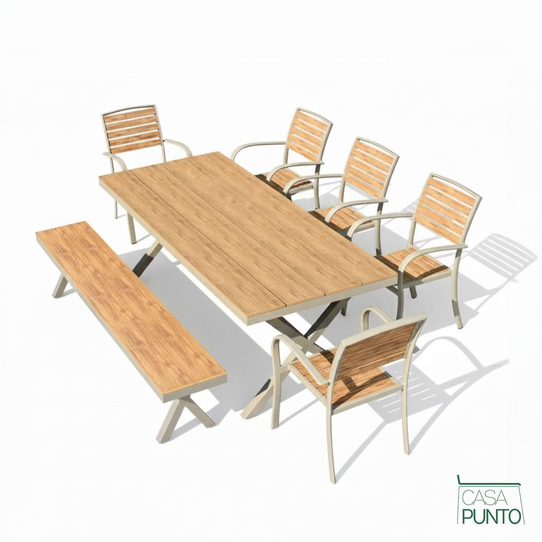Conjunto de muebles de exterior Robert Classic de estilo madera para patio: mesa y sillas de jardín tradicionales.