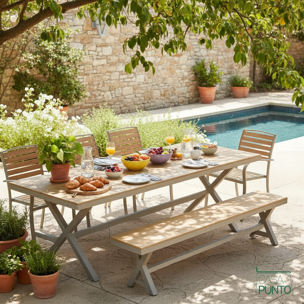 Conjunto de muebles de exterior Robert Classic de estilo madera para patio: mesa y sillas de jardín tradicionales.