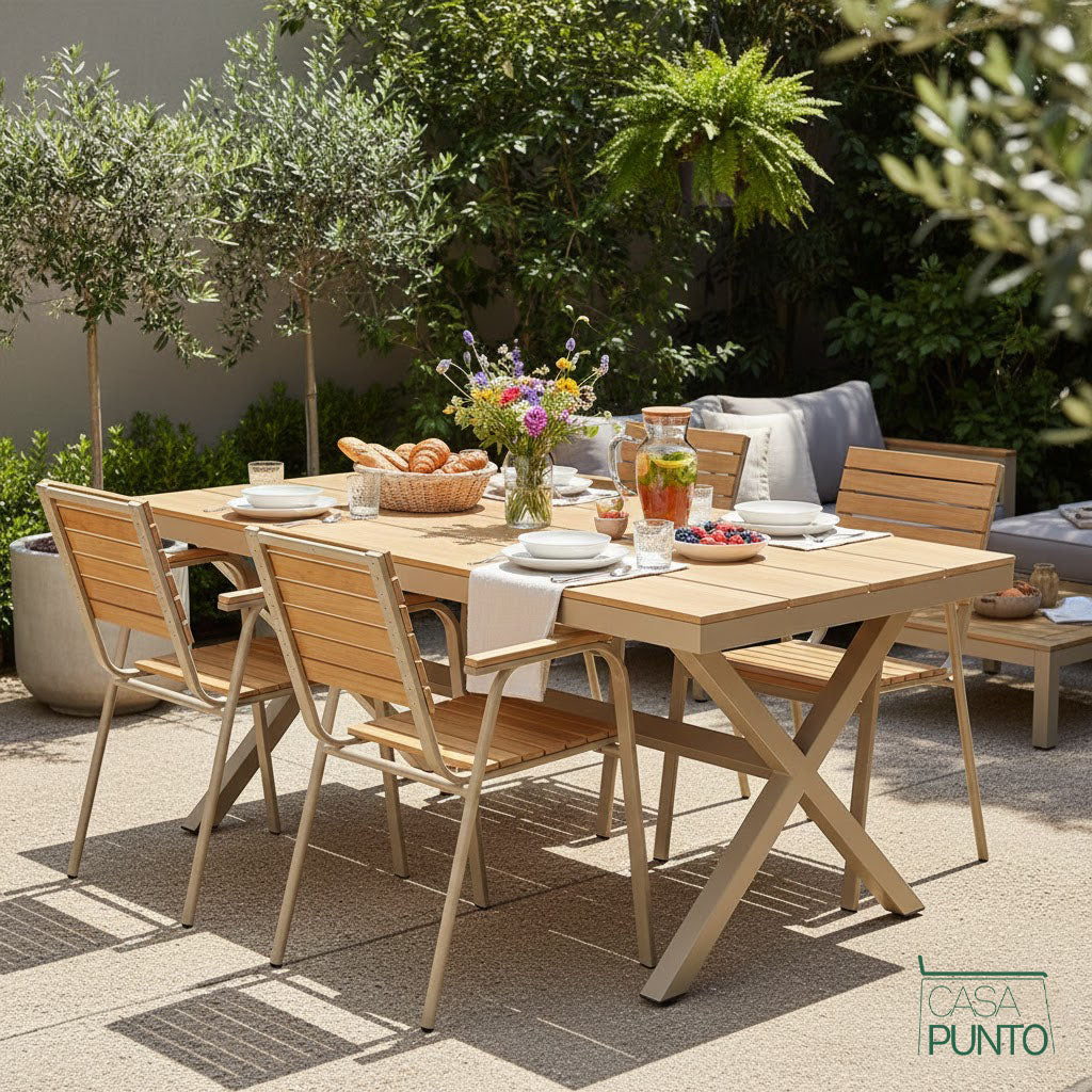 Conjunto de muebles de exterior Grace Contemporary con detalles de madera para patio - Muebles de jardín modernos con tonos naturales