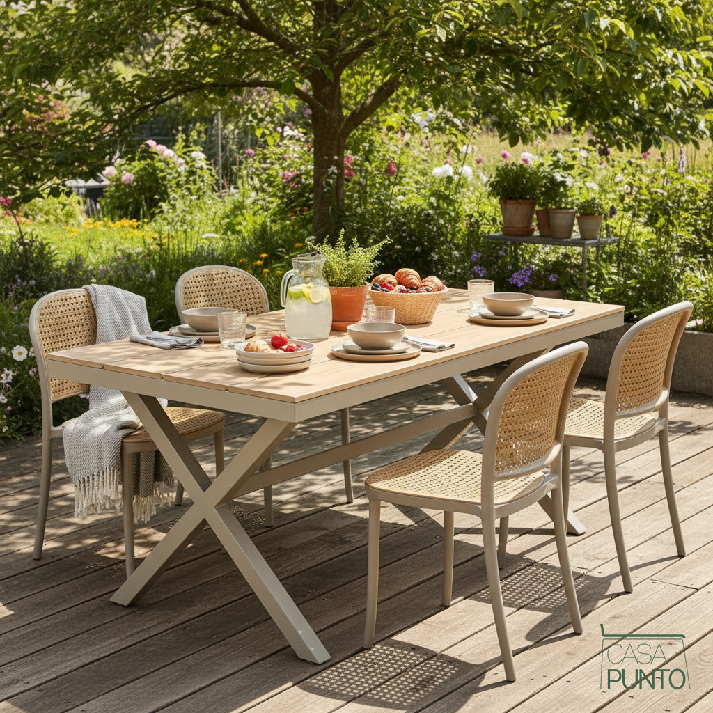 Juego de comedor de exterior Emily de 5 piezas estilo teca: mesa rectangular y 4 sillas.