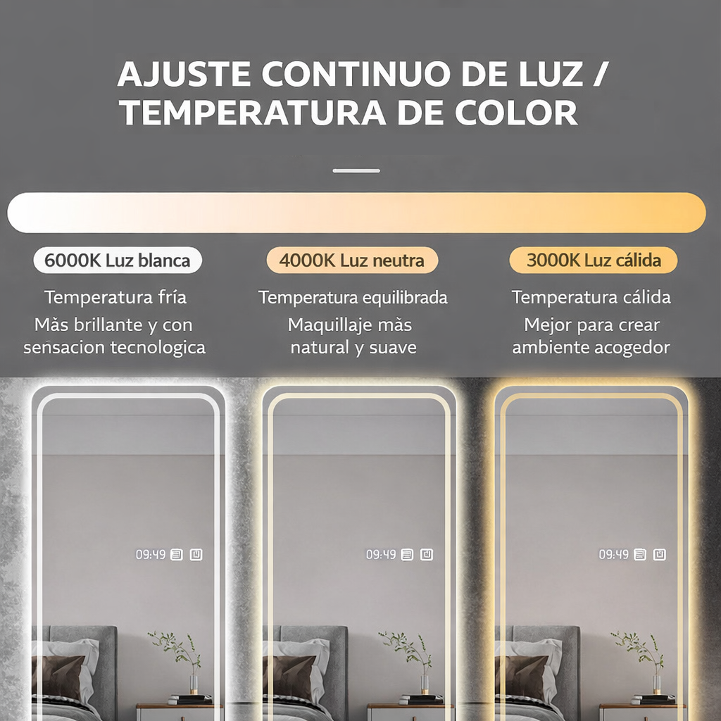 Espejo LED de cuerpo entero Skilo - Montaje en pared con sensor de movimiento
