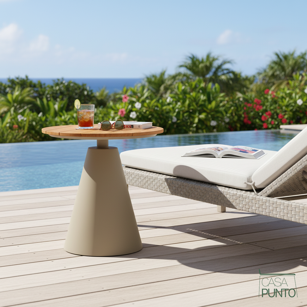 Mesa auxiliar redonda de exterior Tulum: base cónica con tablero de textura de madera.