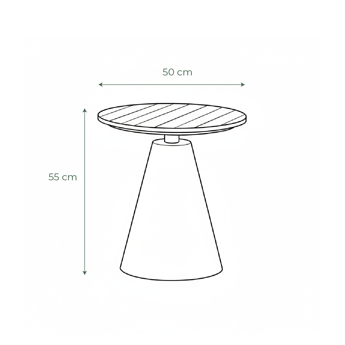 Mesa auxiliar redonda de exterior Tulum: base cónica con tablero de textura de madera.