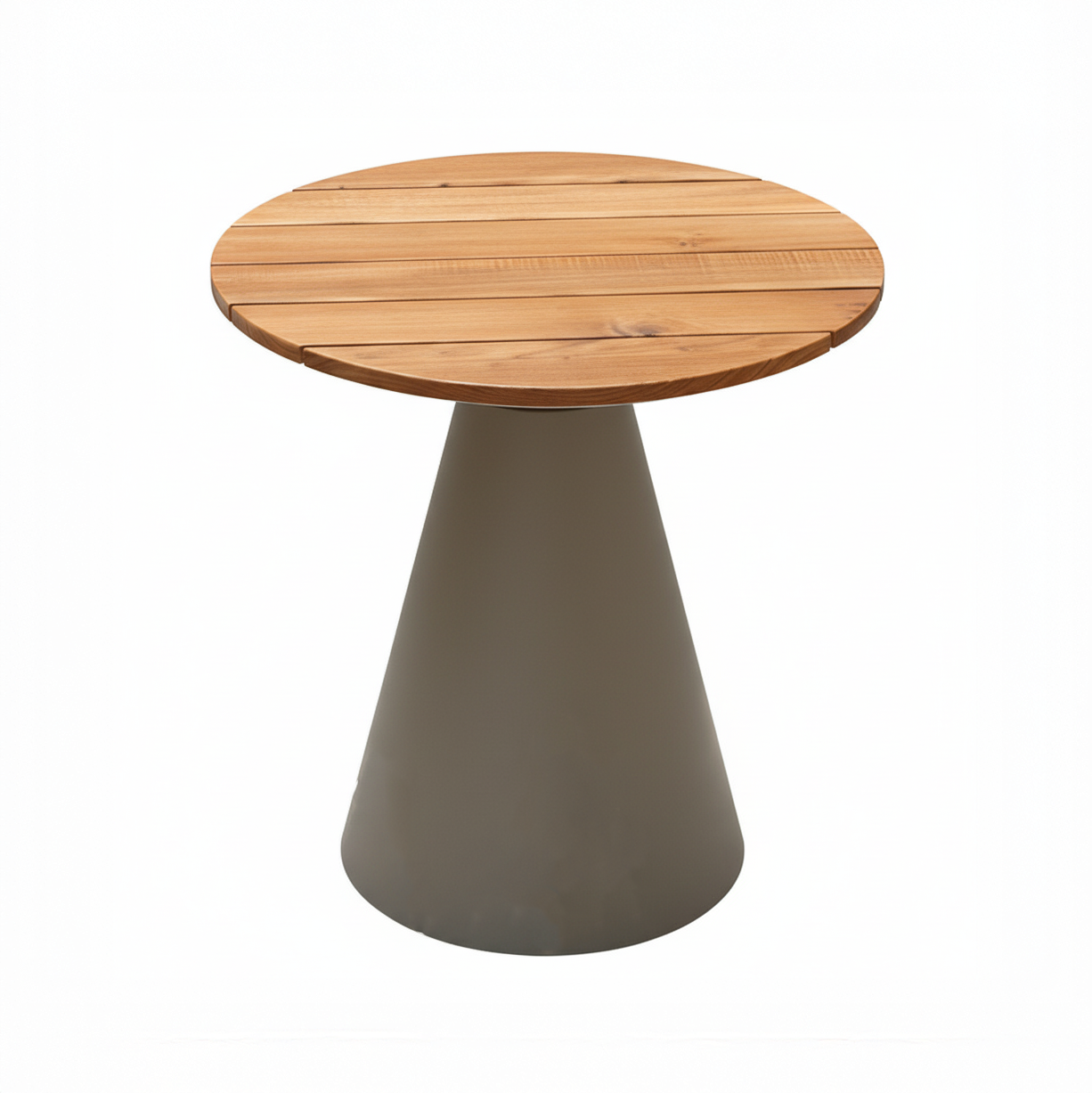 Mesa auxiliar redonda de exterior Tulum: base cónica con tablero de textura de madera.