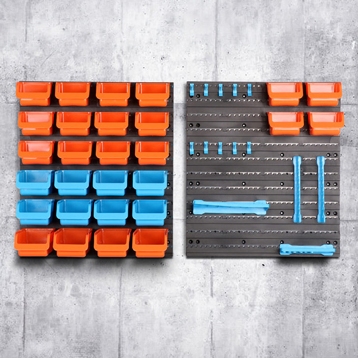 Tablero organizador de herramientas modular de pared Howard con contenedores de almacenamiento de varios tamaños.
