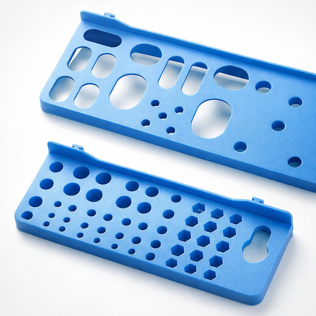 Tablero organizador de herramientas modular de pared Howard con contenedores de almacenamiento de varios tamaños.