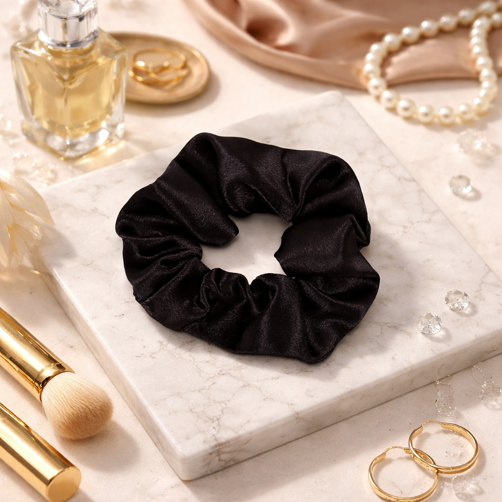 Scrunchie de satén negro para cabello — Accesorio suave y elegante set de 10