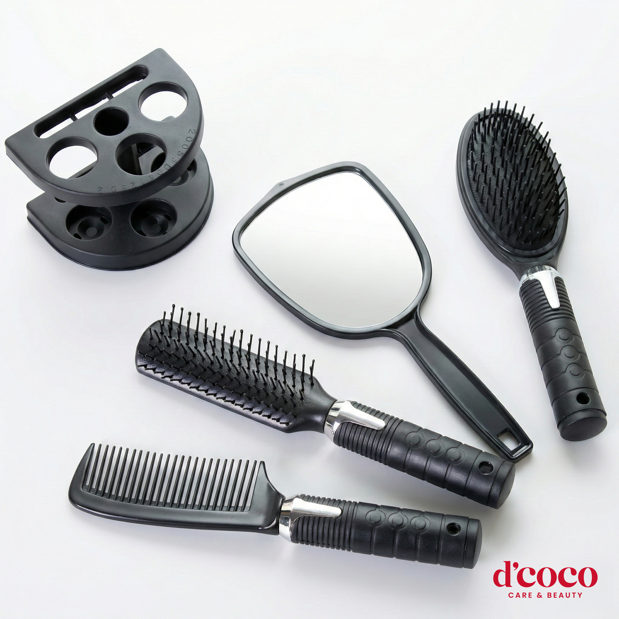 Set De Cepillos Para Cabello Rebe D'Coco 4 Piezas – Con Espejo Rectangular y Base Organizadora