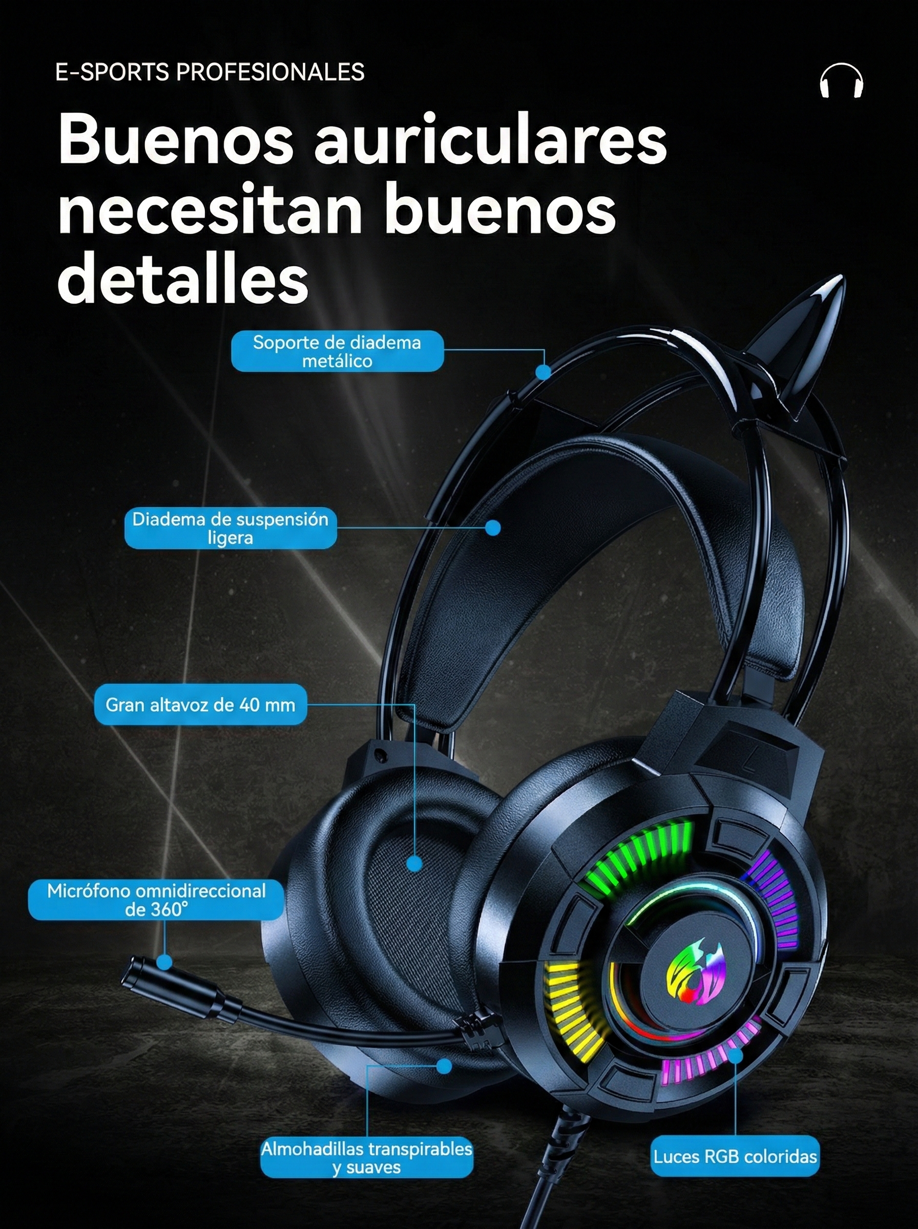 Auriculares para juegos RGB luminosos - Inalámbricos con luces LED