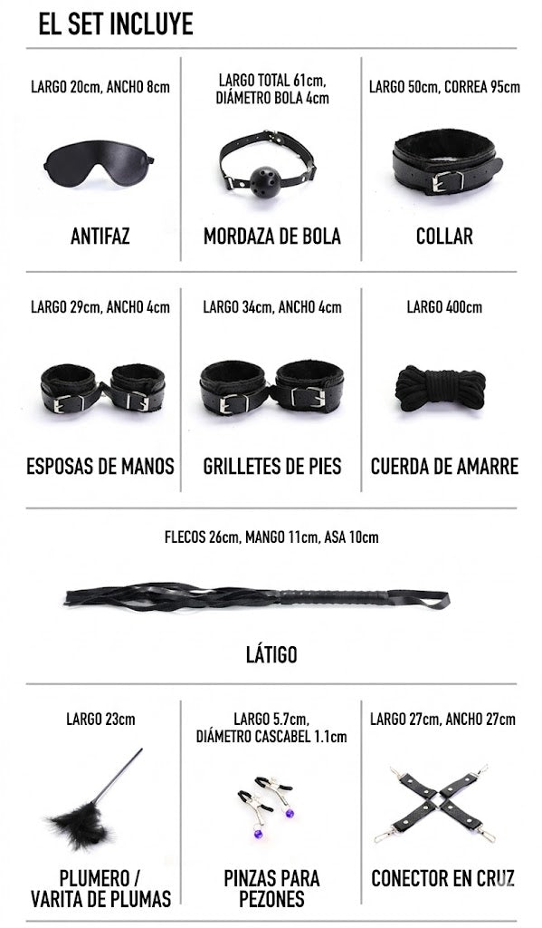 Conjunto de sujeción y bondage Midnight Desire de 10 piezas - Correas de nailon