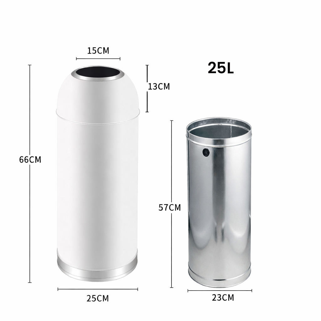 Papelera Estilo Bala con Tapa Domo – Blanca | Cuerpo Acero con Pintura Electroestática, Contenedor Interior Extraíble, Aro Base Inoxidable | 25 L o 30 L