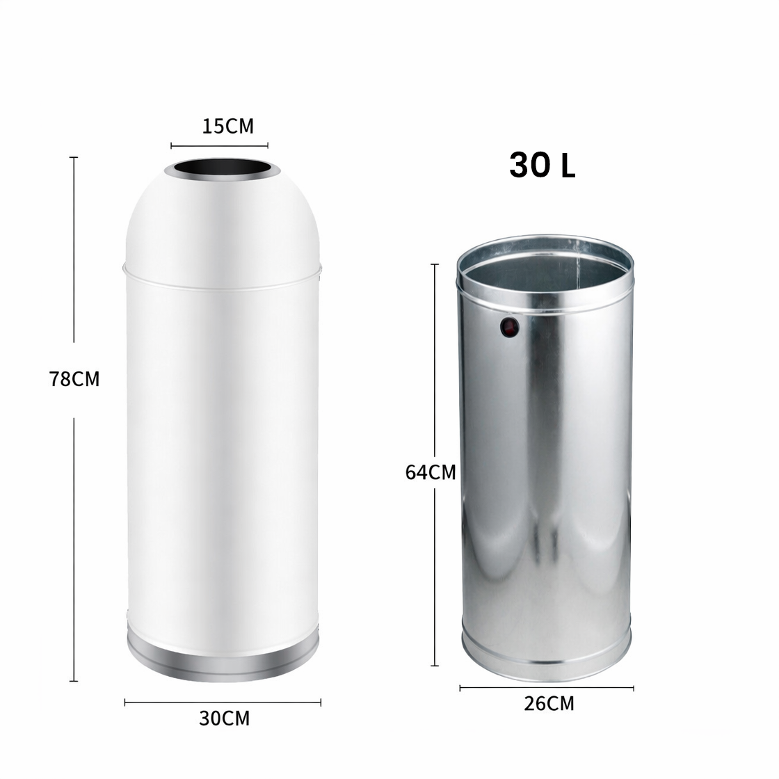 Papelera Estilo Bala con Tapa Domo – Blanca | Cuerpo Acero con Pintura Electroestática, Contenedor Interior Extraíble, Aro Base Inoxidable | 25 L o 30 L