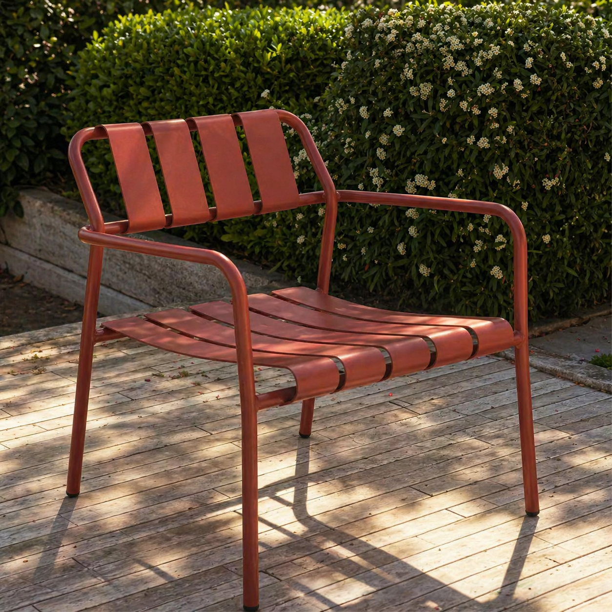 Frank – Conjunto de Exterior 3 Piezas | 2 Sillones + Mesa de Centro | Listones Metálicos | Acero | Rojo Vino