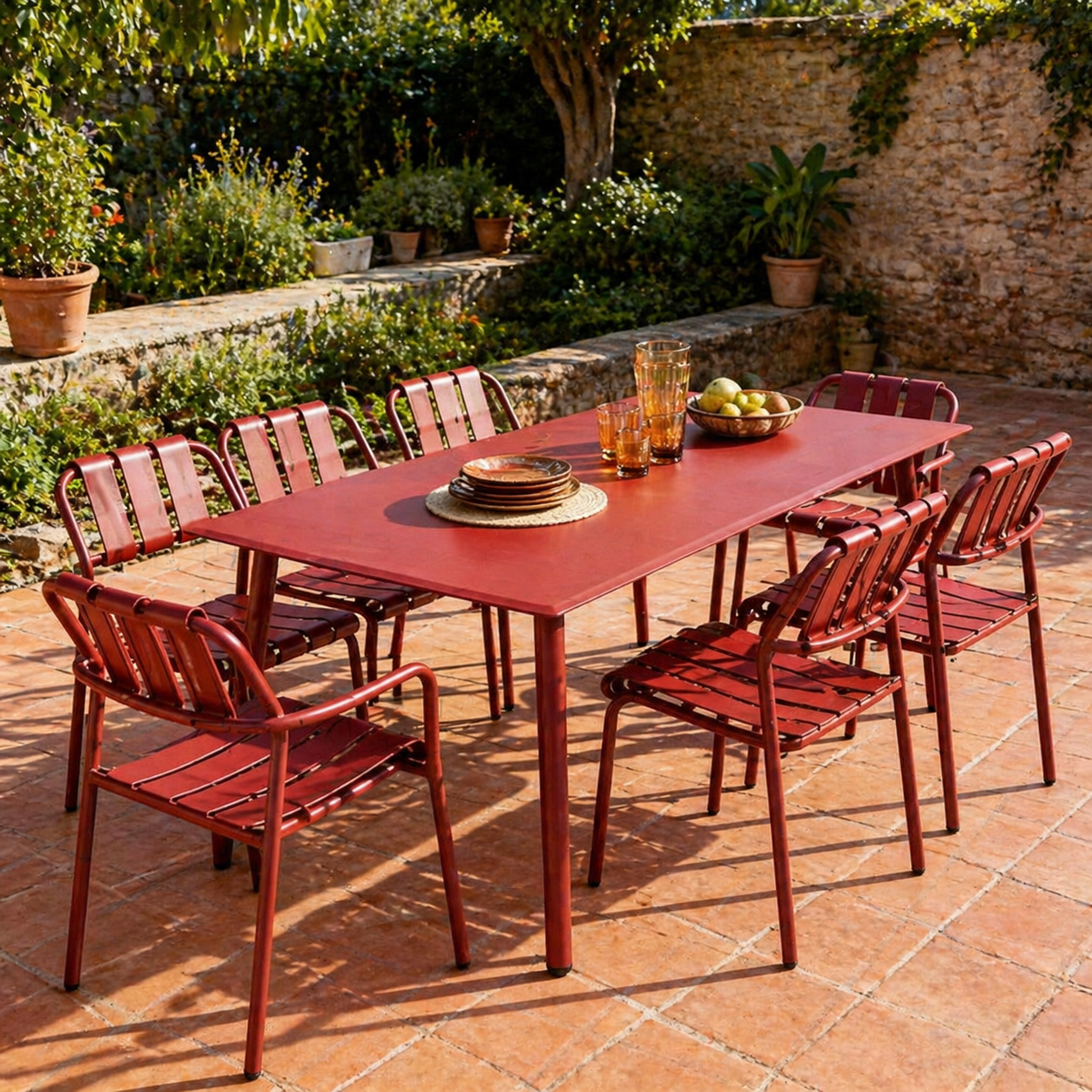 Mesa De Comedor Para Exterior Sherry – Acero, 160x70x74 cm, Color Rojo Terracota