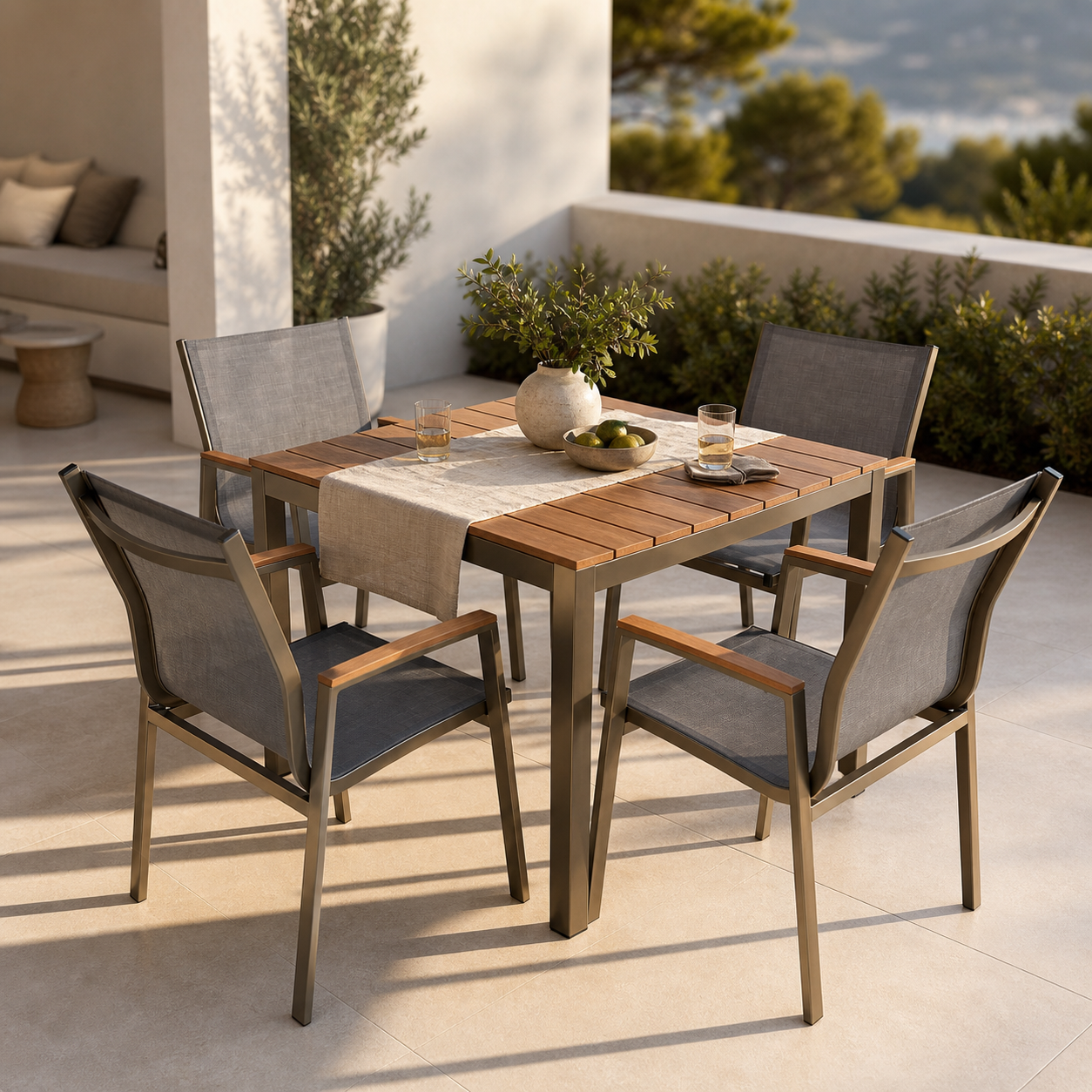 Conjunto de Comedor Exterior Roni | Mesa Cuadrada 90 cm + 4 Sillas | Aluminio y Textilene