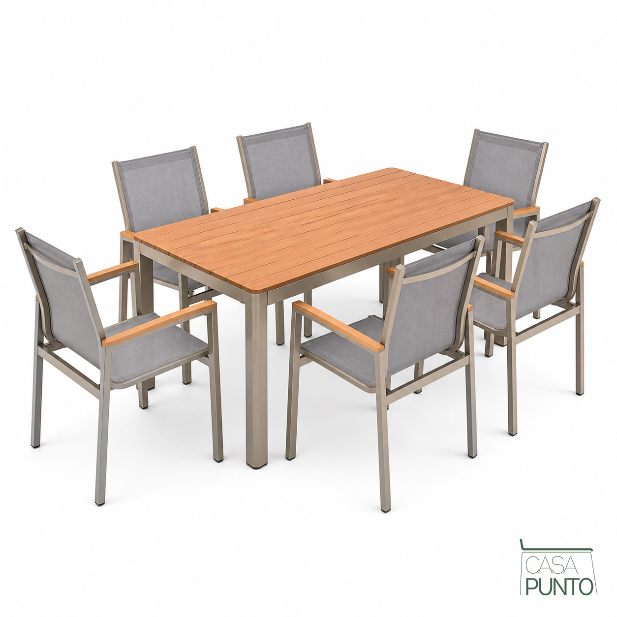 Conjunto de exterior Ronee con mesa rectangular y 6 sillas.