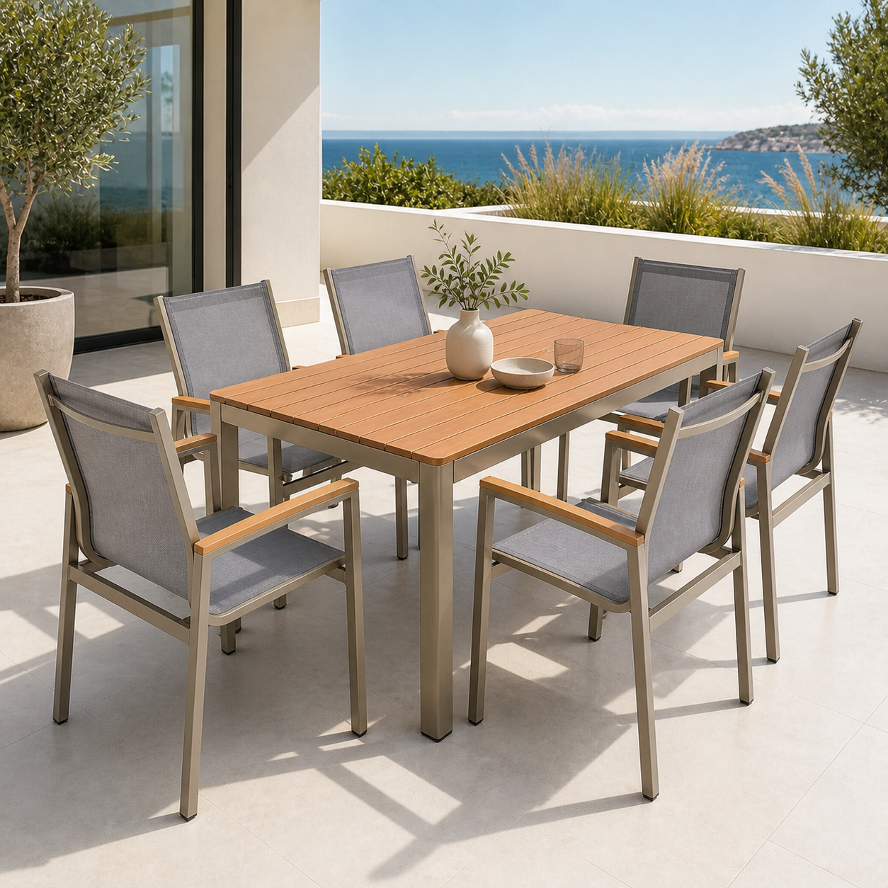 Conjunto de exterior Ronee con mesa rectangular y 6 sillas.