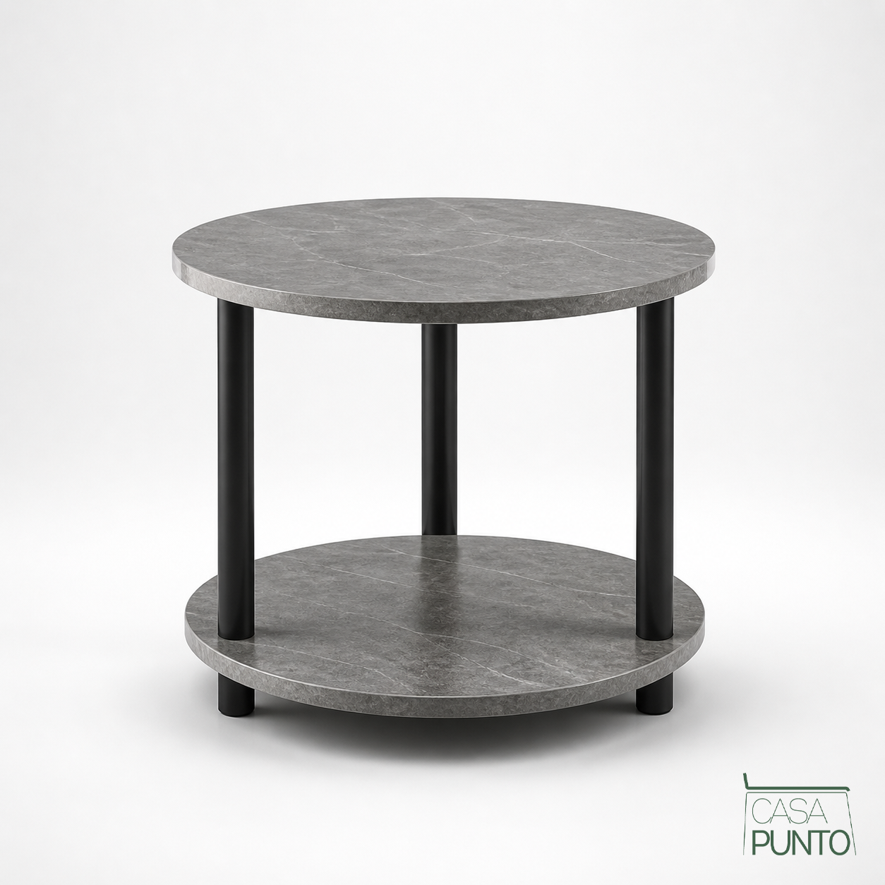 Mesa Auxiliar Elias 2 Niveles | Redonda 40 cm | Efecto Mármol Gris | 3 Patas Negras