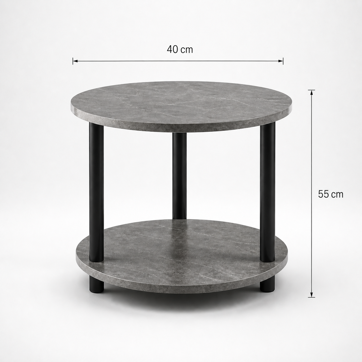 Mesa Auxiliar Elias 2 Niveles | Redonda 40 cm | Efecto Mármol Gris | 3 Patas Negras