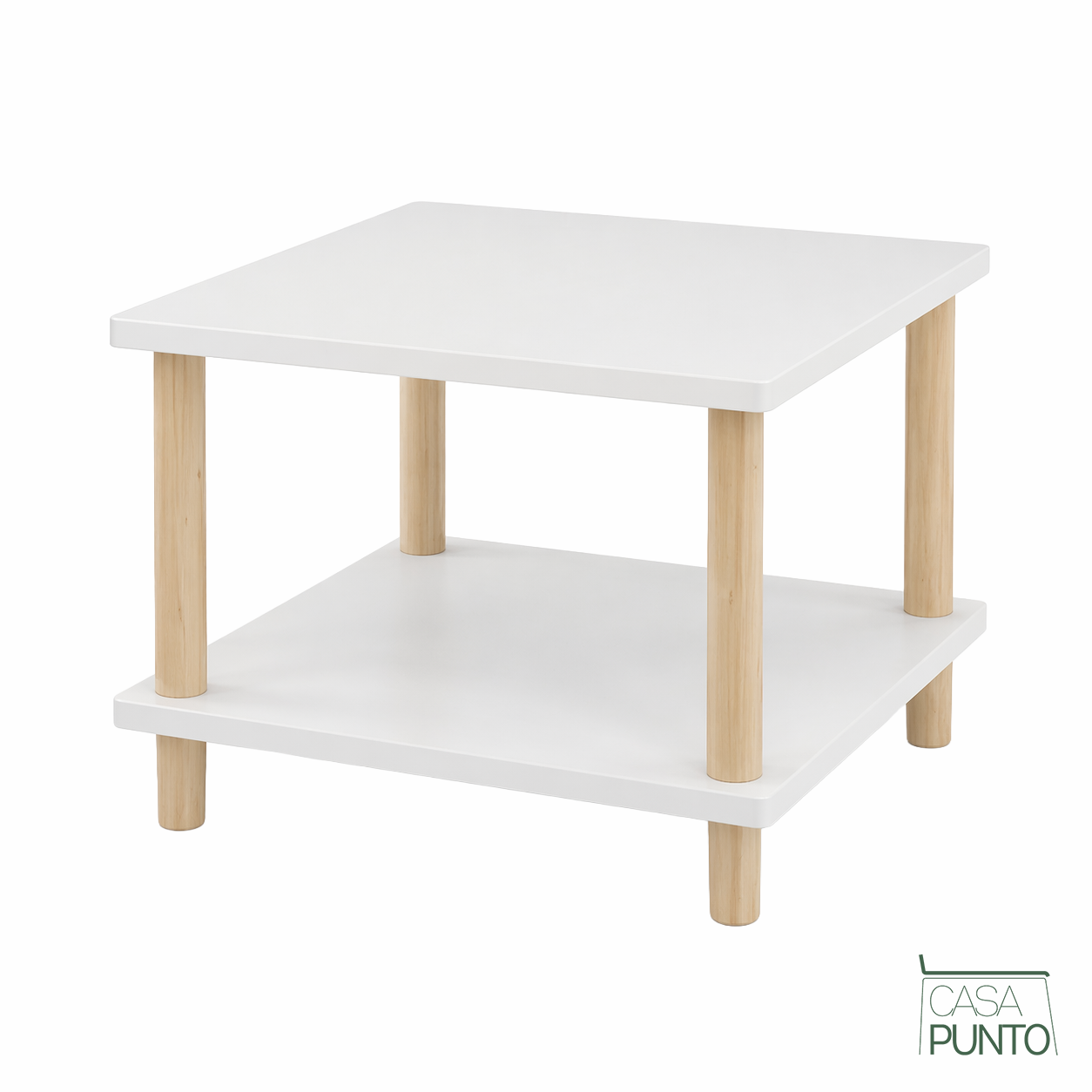 Mesa Auxiliar De 2 Niveles Bek – Tablero Blanco, Patas De Madera Natural, 50x50x53 cm