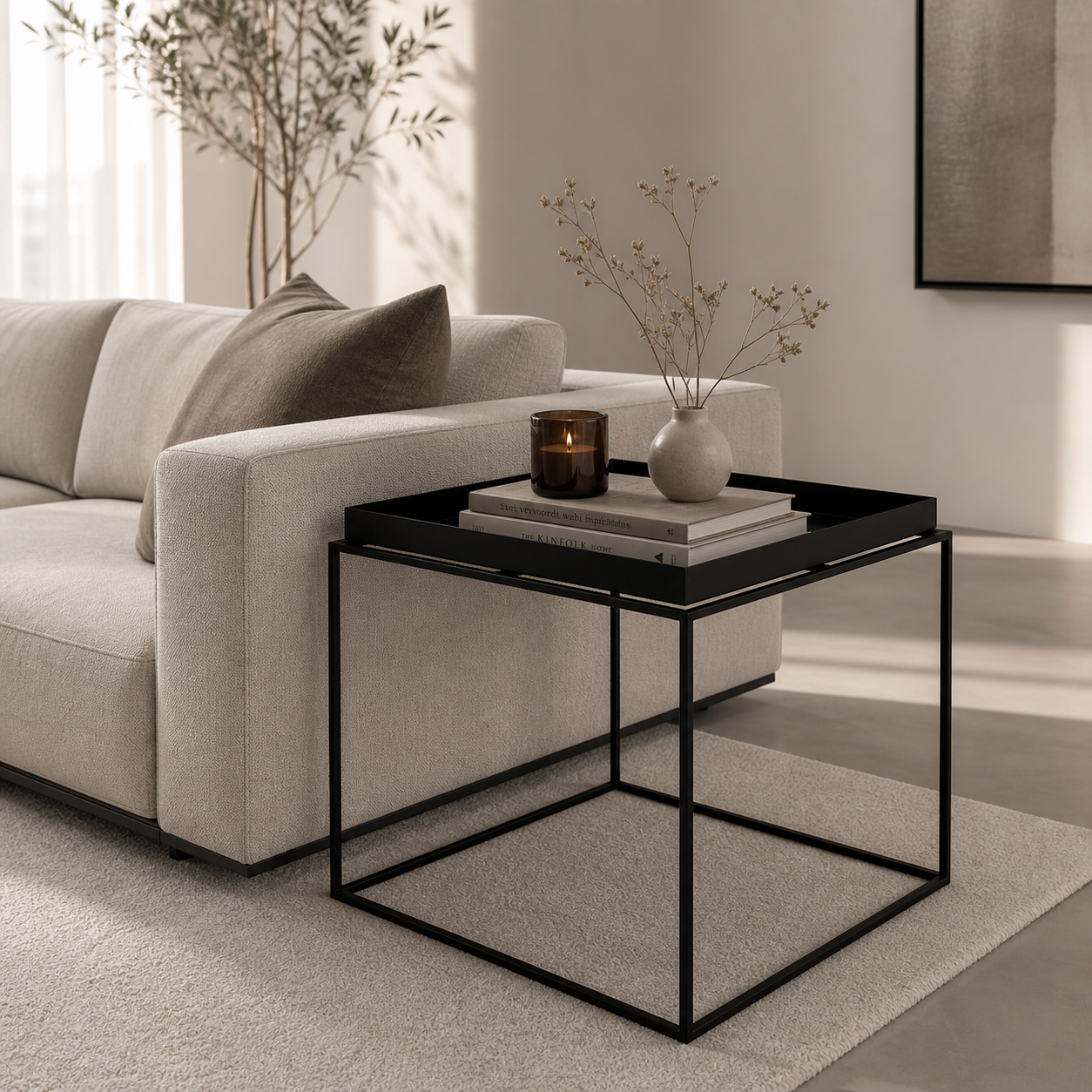 Mesa Auxiliar Skinka con Bandeja | Estructura Metálica Negra | Mesa Alta y Mesa Baja