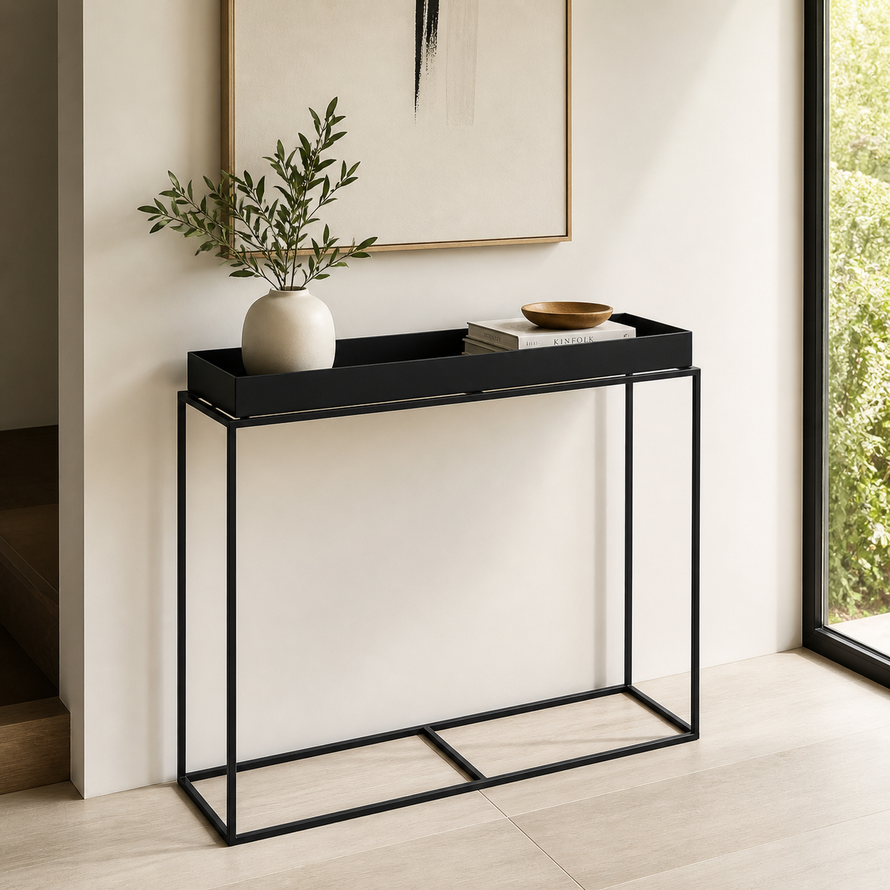 Mesa Auxiliar Skinka con Bandeja | Estructura Metálica Negra | Mesa Alta y Mesa Baja
