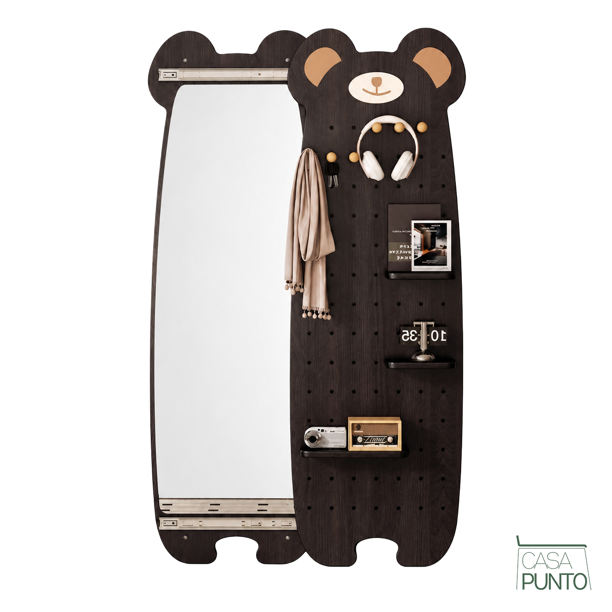 Panel Organizador de Pared Teddy - Forma de Oso Pegboard + Espejo Deslizante 120 x 40 cm