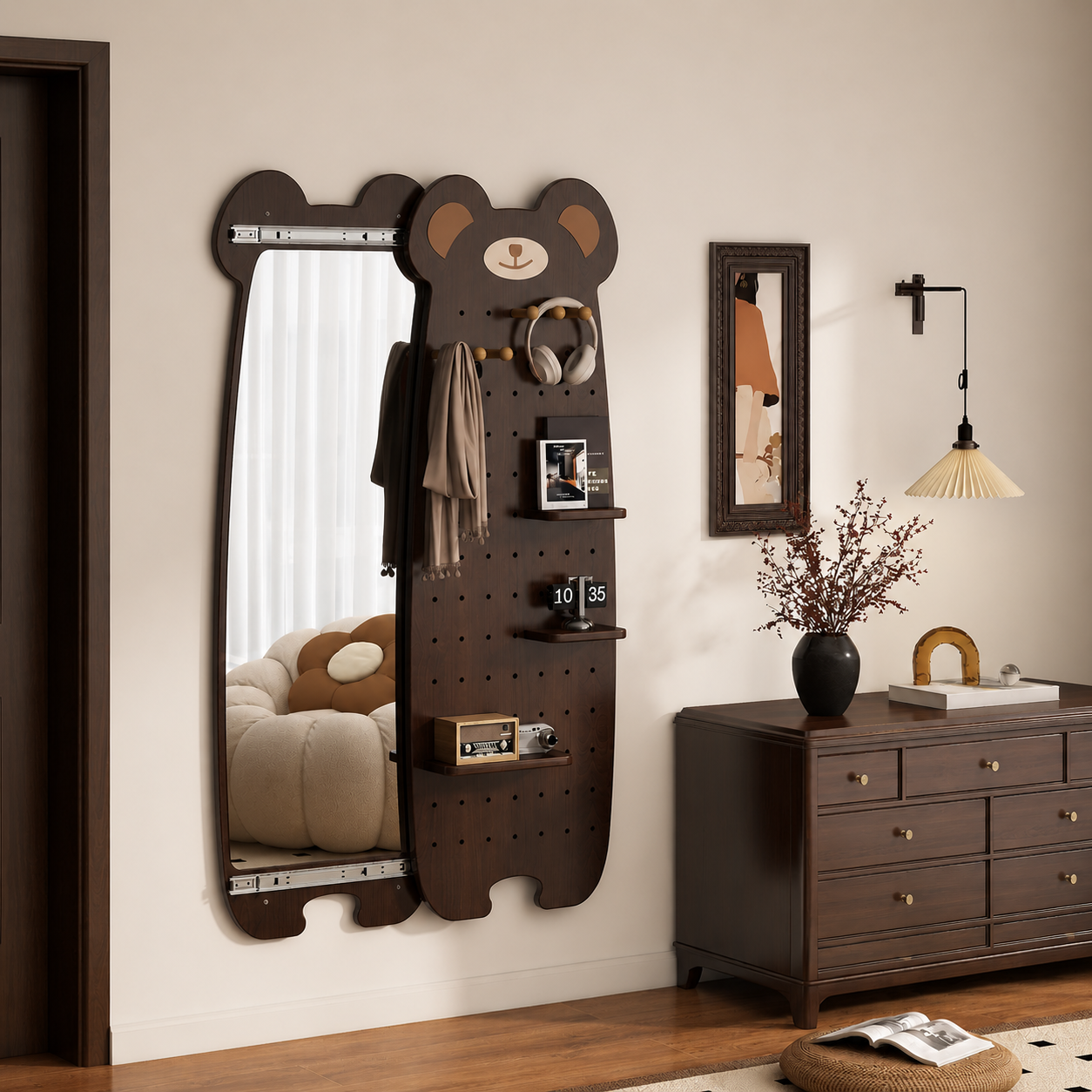 Panel Organizador de Pared Teddy - Forma de Oso Pegboard + Espejo Deslizante 120 x 40 cm
