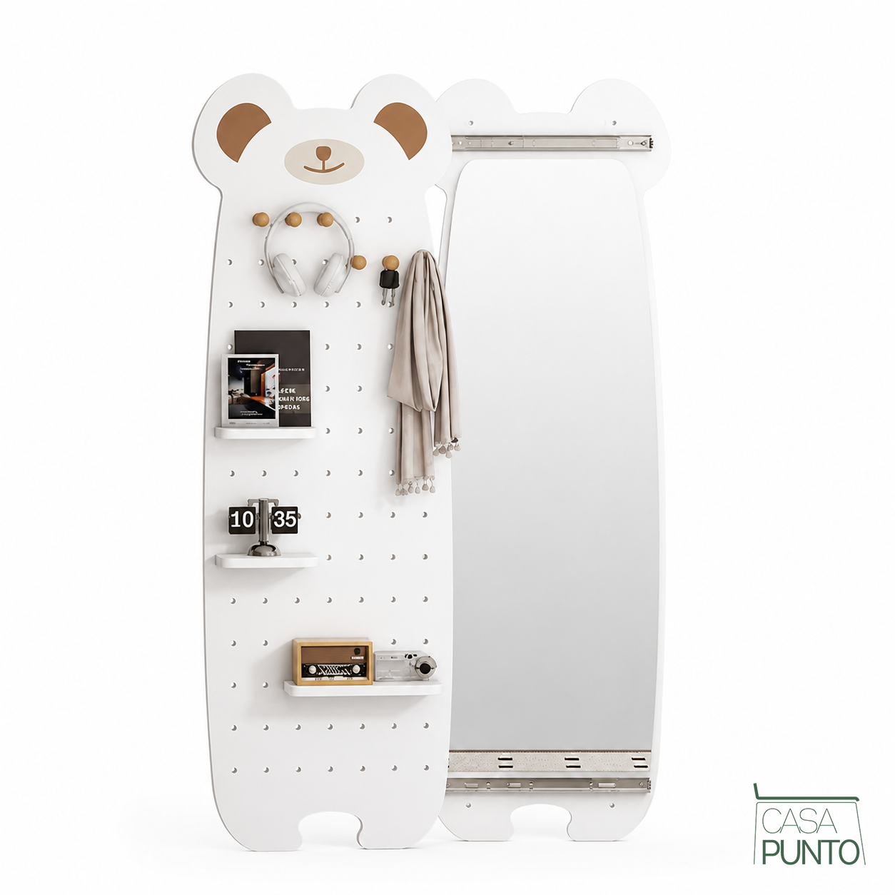 Panel Organizador de Pared Teddy - Forma de Oso Pegboard + Espejo Deslizante 120 x 40 cm