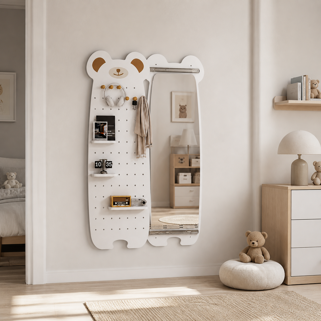 Panel Organizador de Pared Teddy - Forma de Oso Pegboard + Espejo Deslizante 120 x 40 cm