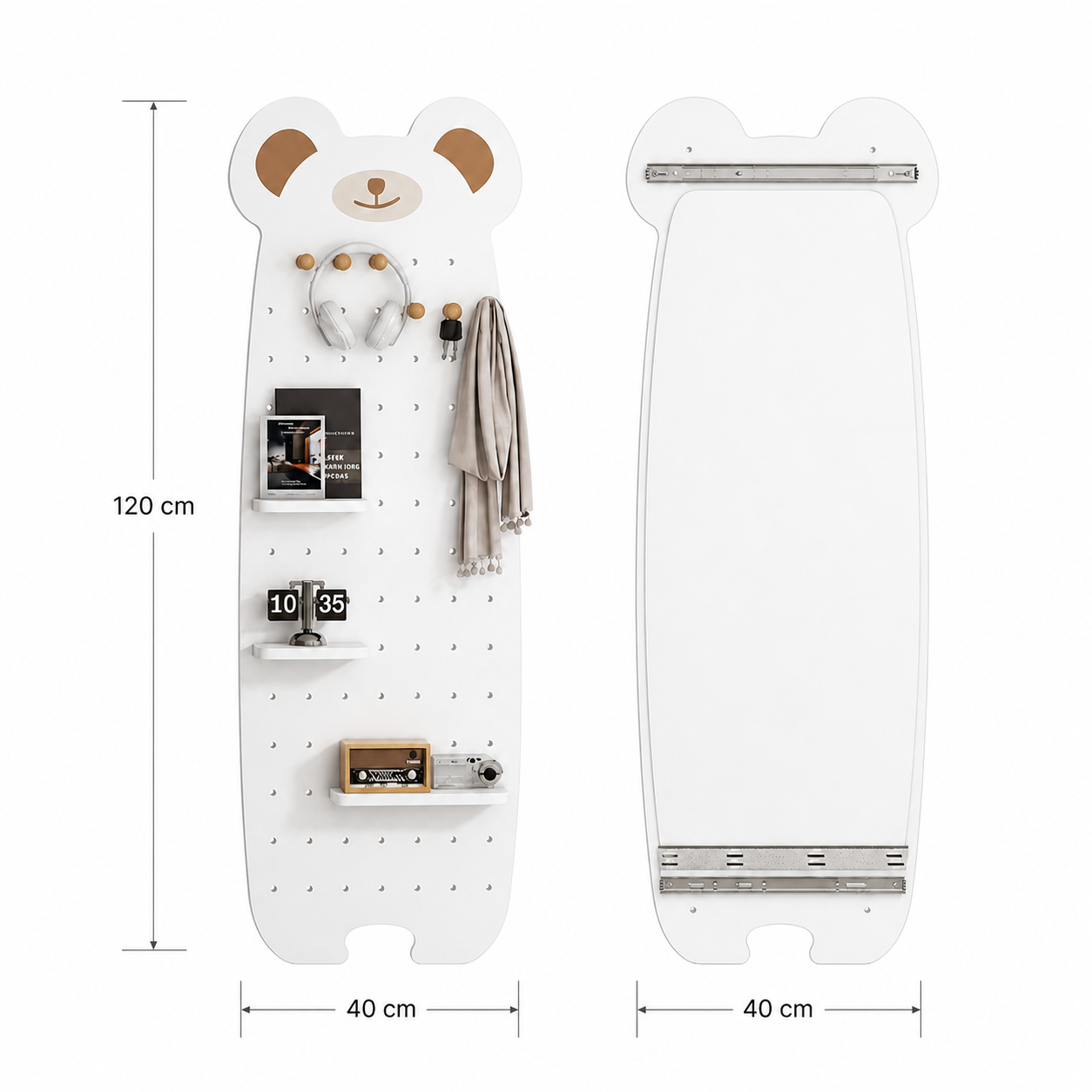 Panel Organizador de Pared Teddy - Forma de Oso Pegboard + Espejo Deslizante 120 x 40 cm