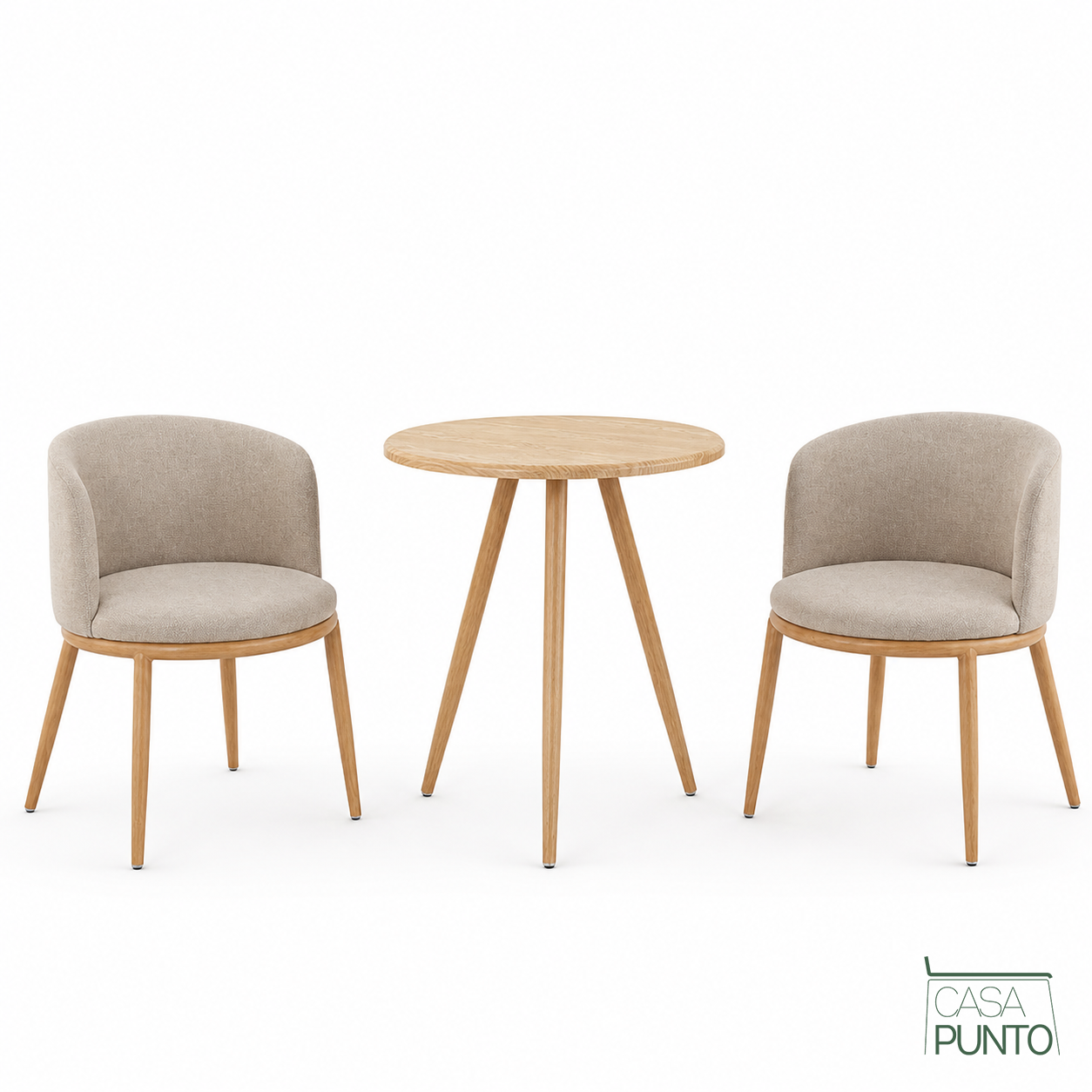 Conjunto Mariano | Mesa Redonda + 2 Sillas Tipo Bucket | Madera Clara y Tapizado Beige