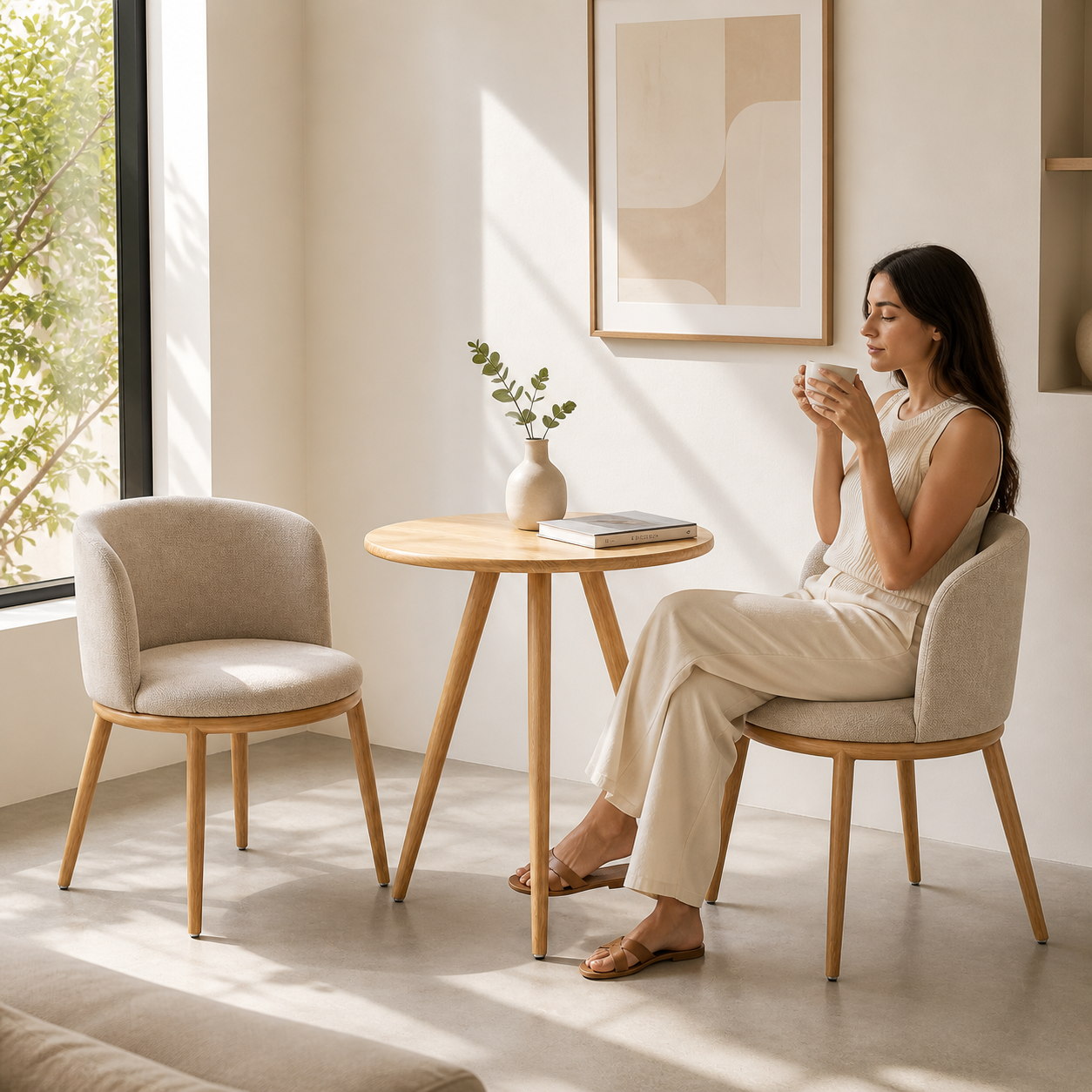 Conjunto Mariano | Mesa Redonda + 2 Sillas Tipo Bucket | Madera Clara y Tapizado Beige