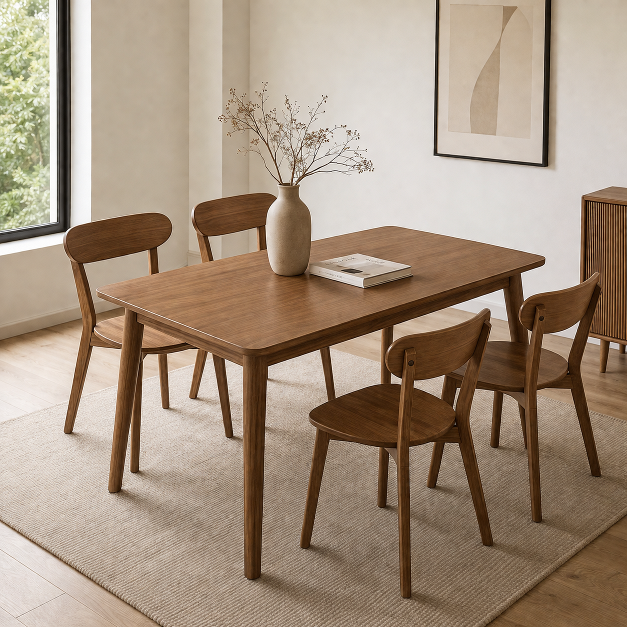 Juego de comedor de roble: 4 sillas y 1 mesa rectangular (sin código de barras).