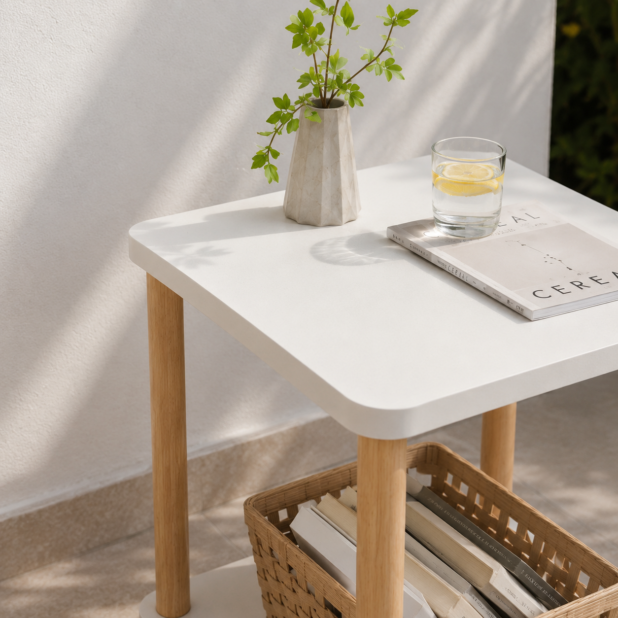 Mesa auxiliar Modu blanca y de madera (sin código de barras)