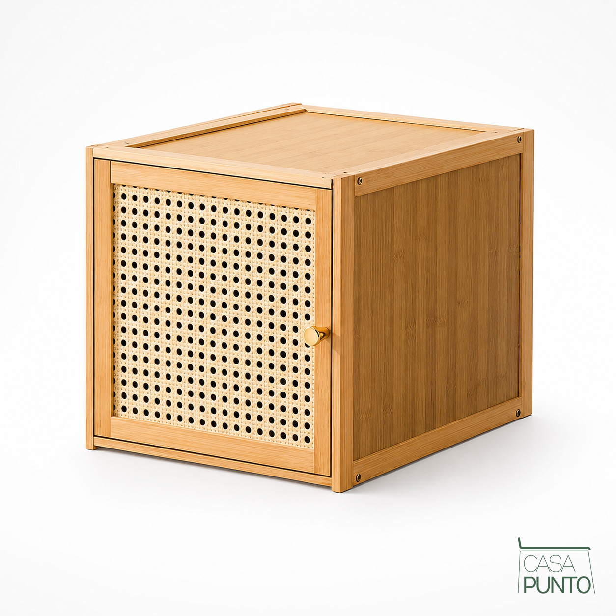 Cubo Organizador Modular Ximena - Puerta con Rejilla Ratán Tirador Dorado Combinable