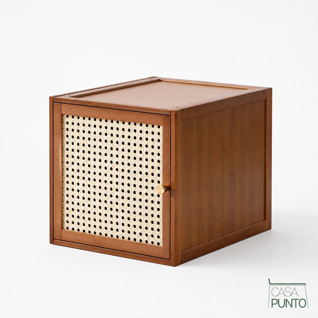 Cubo Organizador Modular Ximena - Puerta con Rejilla Ratán Tirador Dorado Combinable