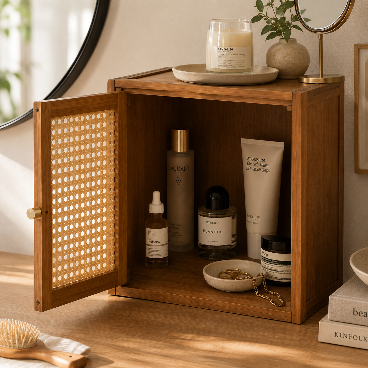 Cubo Organizador Modular Ximena - Puerta con Rejilla Ratán Tirador Dorado Combinable