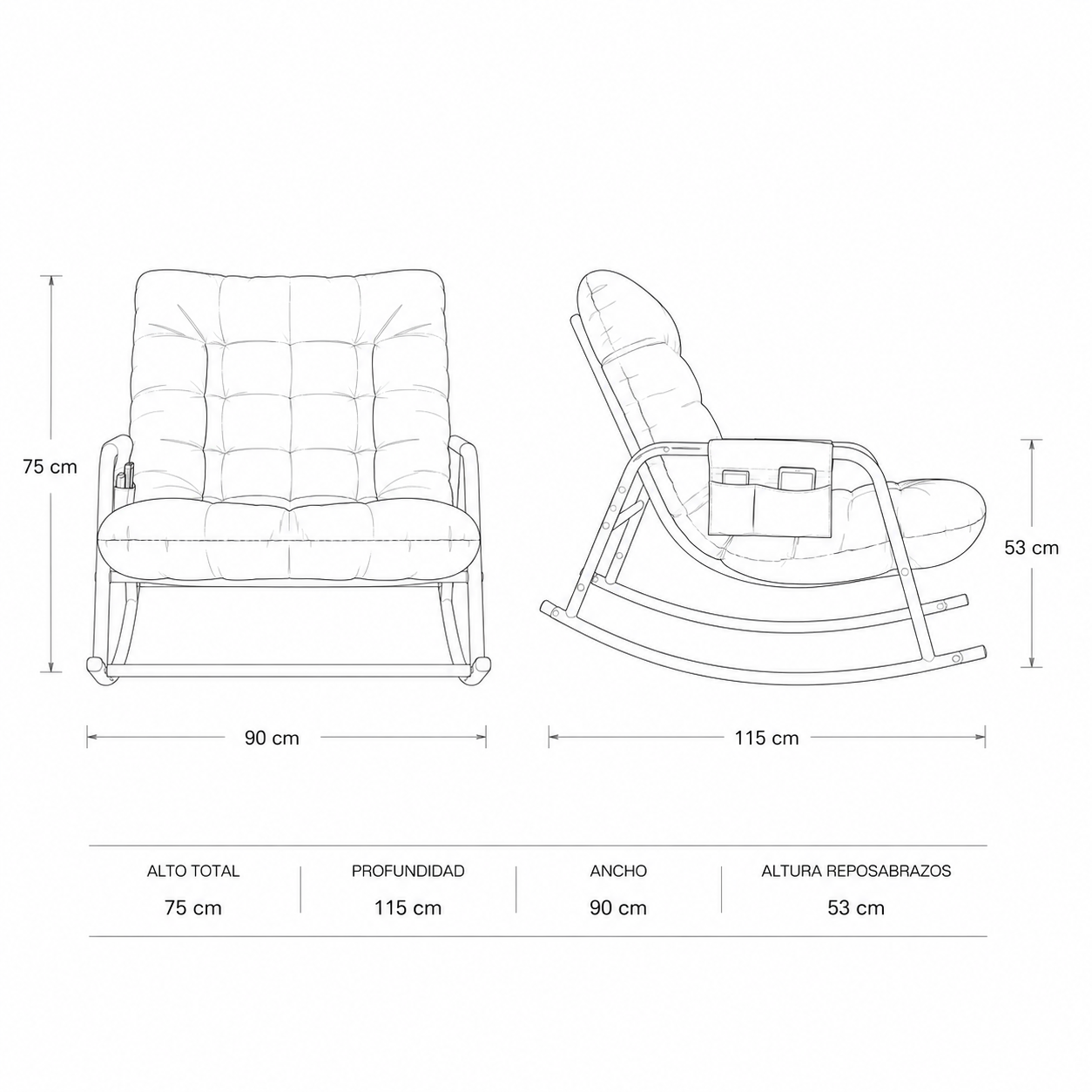 Sillón Mecedor Trevor - Cojín Tufted Tamaño Doble Bolsa Lateral